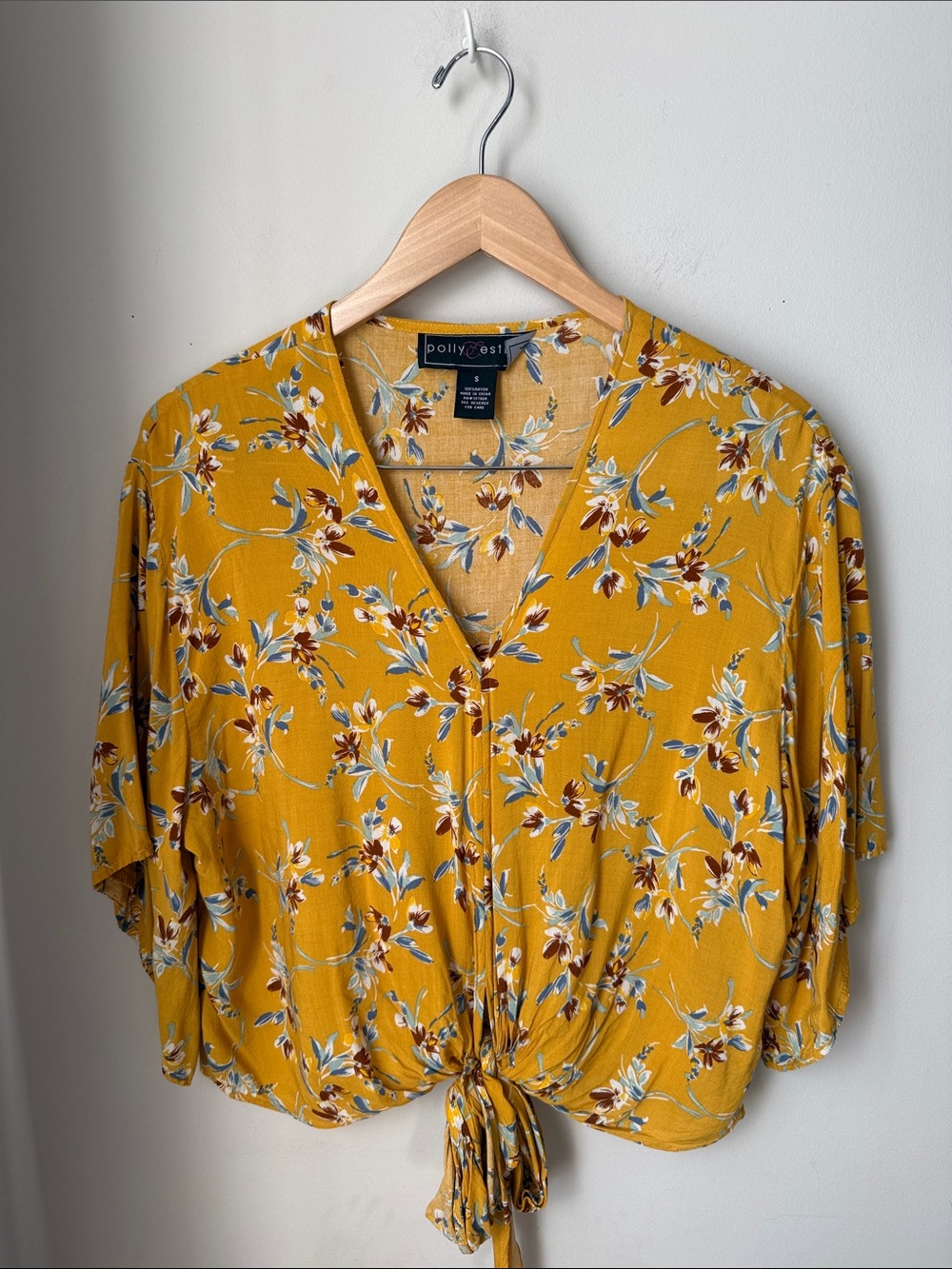 Polly & Esther Mustard Floral Kimono Tie Front Blouse Small
